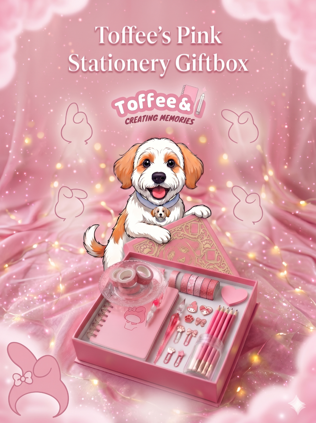 Toffee's Pink Stationery Giftbox with a Toffee, the mascot dog, on a pink My Melody background with a giftbox full of pink stationeries