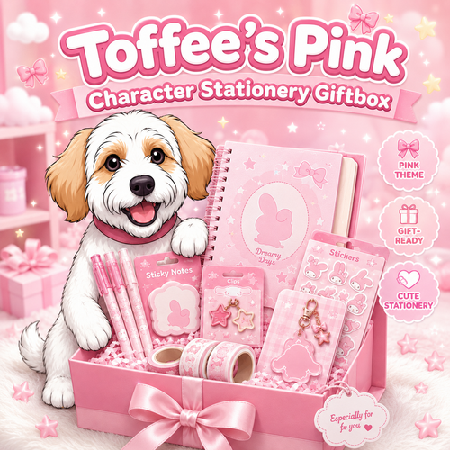 Toffee's Pink Stationery Giftbox with a Toffee, the mascot dog, on a pink My Melody background with a giftbox full of pink stationeries
