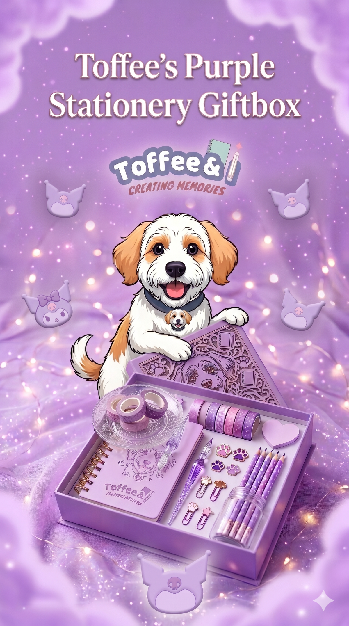 Toffee's Purple Stationery Giftbox with a Toffee, the mascot dog, on a purple kuromi background with a giftbox full of purple stationeries