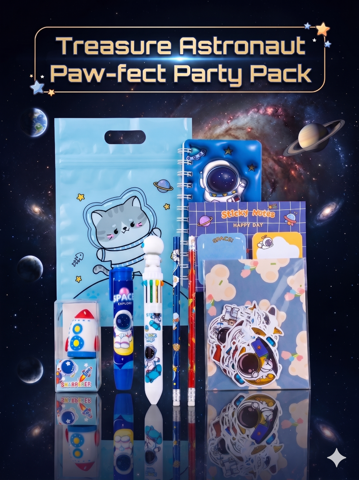 Buy Treasure Astronaut Party Pack featuring a multicolor pen, 2x pencils, a push-pen eraser, a space-themed pencil sharpener, a pack of large space-themed stickers, a sticky note pack and a coiled A7 notebook.