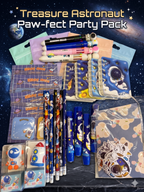 Buy Treasure Astronaut Party Pack featuring a multicolor pen, 2 pencils, 1 push-pen eraser, a space-themed pencil sharpener, a pack of large space-themed stickers, a sticky note pack and a coiled A7 notebook.