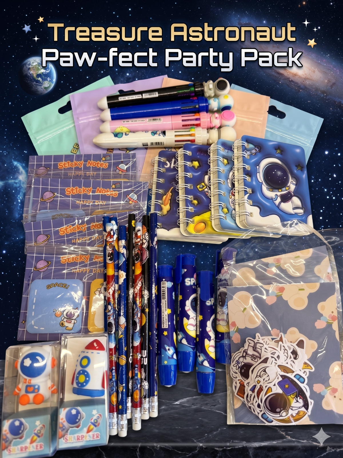 Buy Treasure Astronaut Party Pack featuring a multicolor pen, 2 pencils, 1 push-pen eraser, a space-themed pencil sharpener, a pack of large space-themed stickers, a sticky note pack and a coiled A7 notebook.