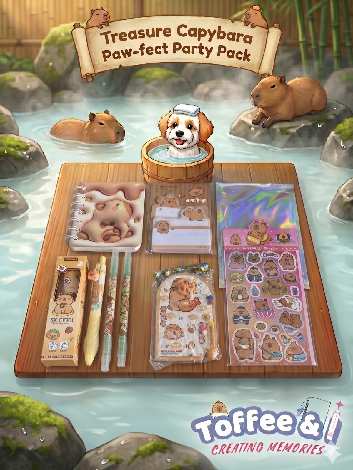 Buy Treasure Capybara Party Pack featuring a mechanical pencil, 2 double-headed highlighters, 1 push-pen eraser, a palm marble game, a sticker sheet, a sticky note pack and a coiled A7 notebook.