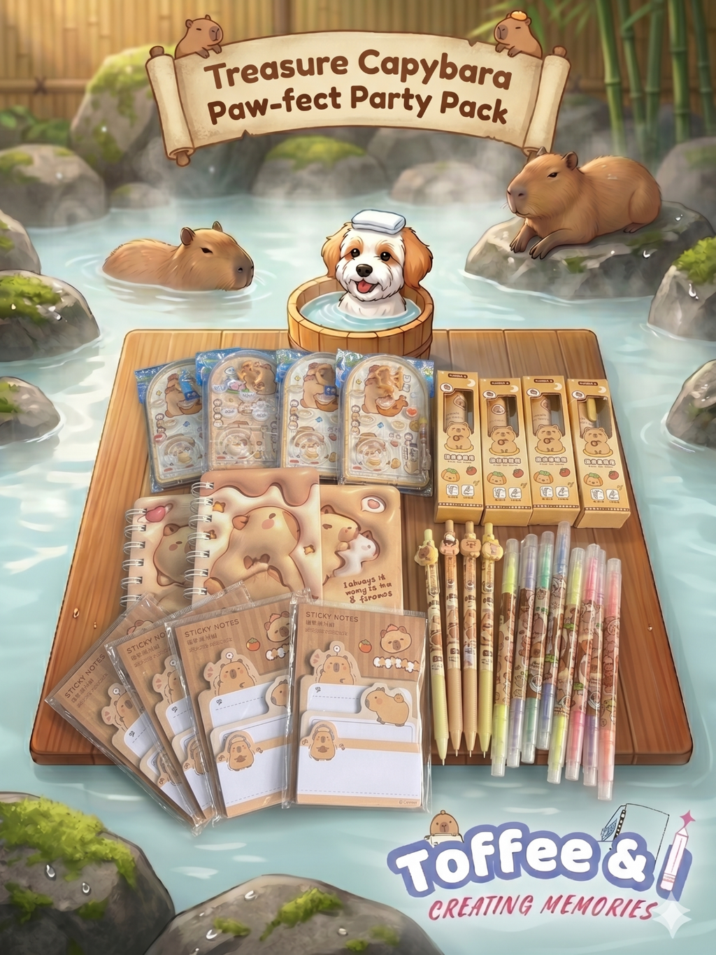 Buy Treasure Capybara Party Pack featuring a mechanical pencil, 2 double-headed highlighters, 1 push-pen eraser, a palm marble game, a sticker sheet, a sticky note pack and a coiled A7 notebook.
