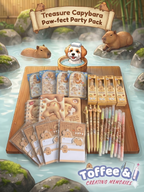 Buy Treasure Capybara Party Pack featuring a mechanical pencil, 2 double-headed highlighters, 1 push-pen eraser, a palm marble game, a sticker sheet, a sticky note pack and a coiled A7 notebook.