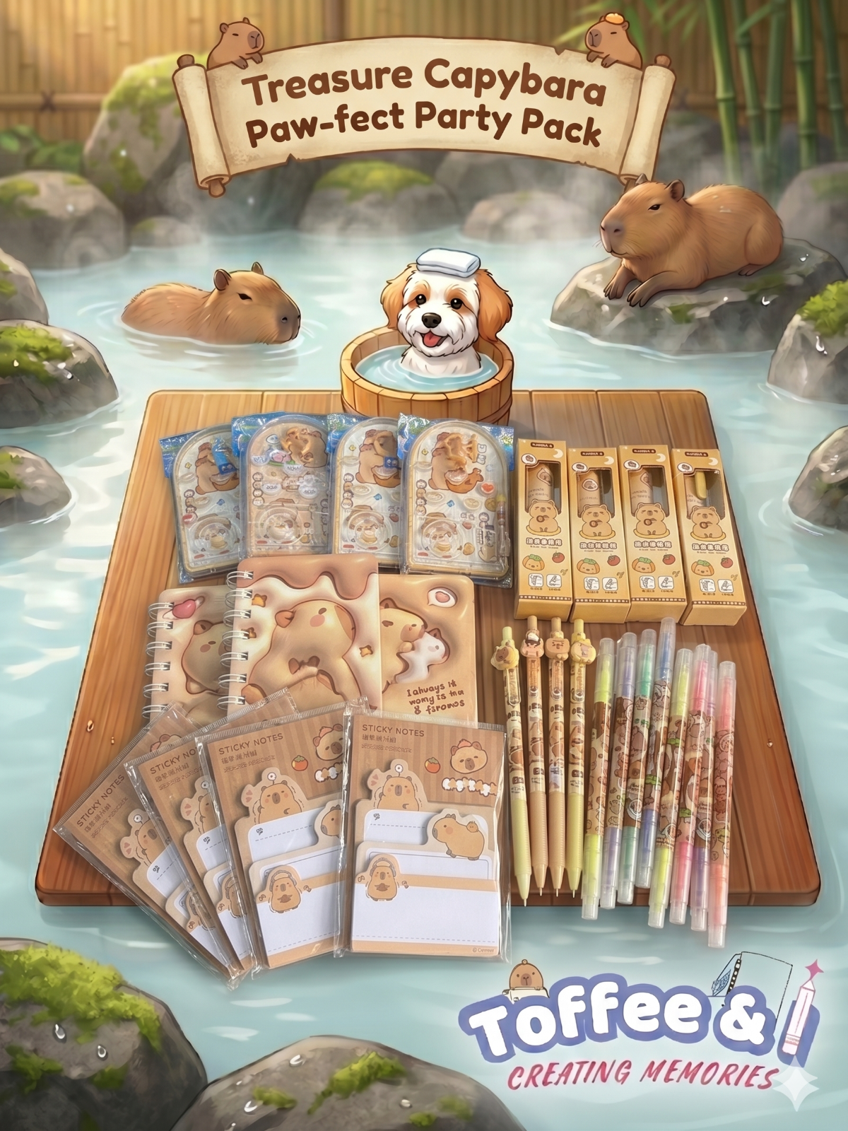 Buy Treasure Capybara Party Pack featuring a mechanical pencil, 2 double-headed highlighters, 1 push-pen eraser, a palm marble game, a sticker sheet, a sticky note pack and a coiled A7 notebook.