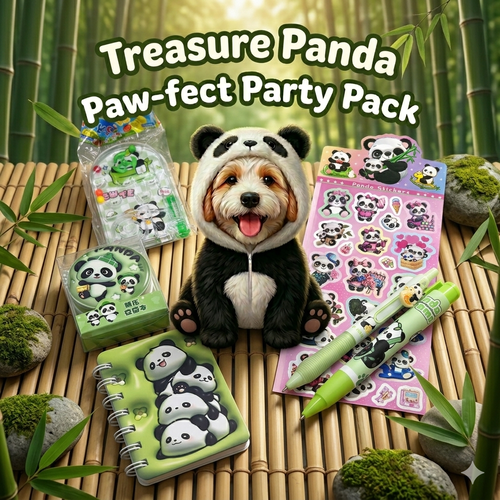 Panda theme stationery bundle laid out on desk with mini notebook, a pack of squishy memo pad, a push pen eraser, a mechanical pencil and a sticker sheet.