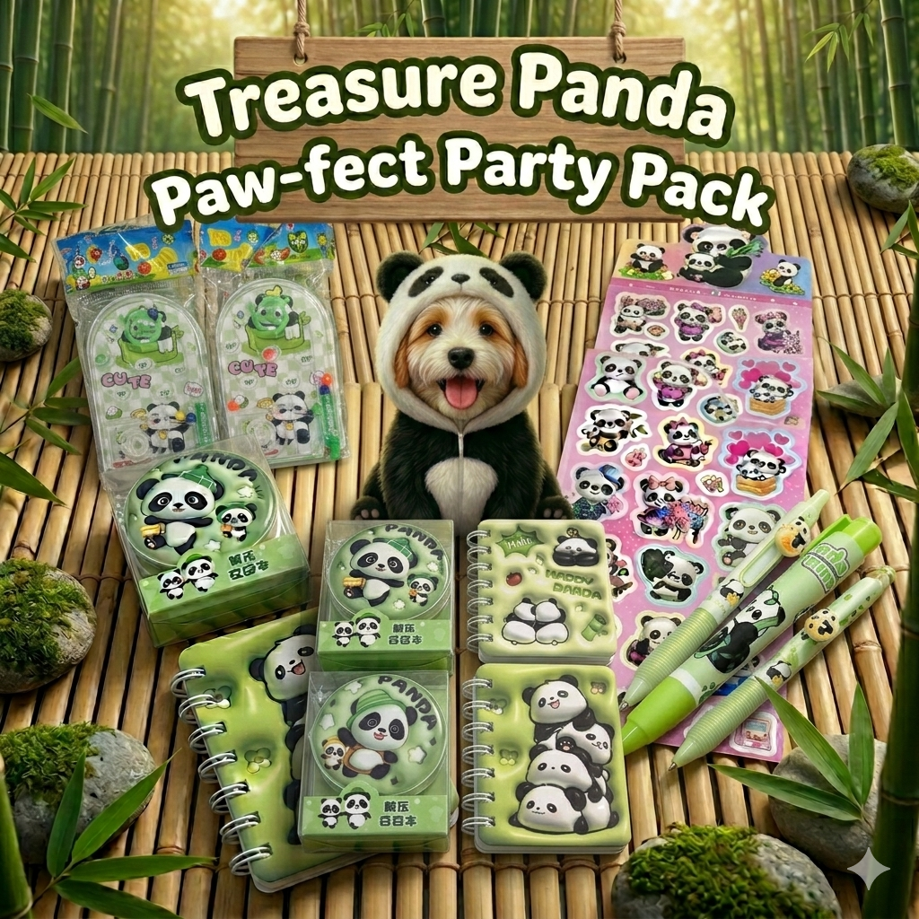 Panda theme stationery bundle laid out on desk with mini notebook, a pack of squishy memo pad, a push pen eraser, a mechanical pencil and a sticker sheet.