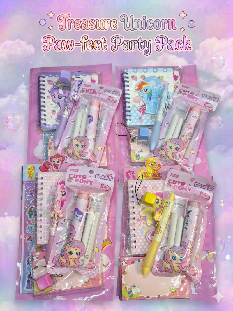 4 Sets of unicorn themed stationery including small coiled notebook, mechanical pencil, push pen eraser with refills, a pack of sticky note, a sticker sheet and a fidget key against magical background
