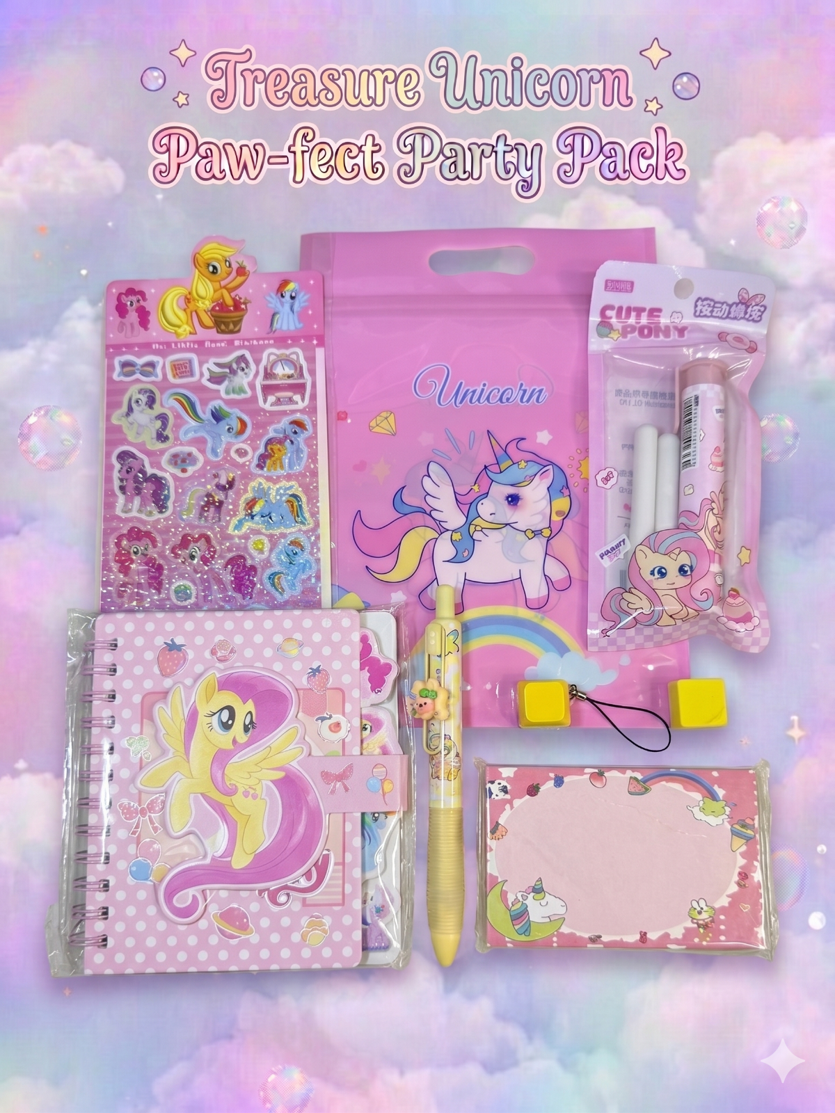 Unicorn themed stationery including small coiled notebook, mechanical pencil, push pen eraser with refills, a pack of sticky note, a sticker sheet and a fidget key against magical background
