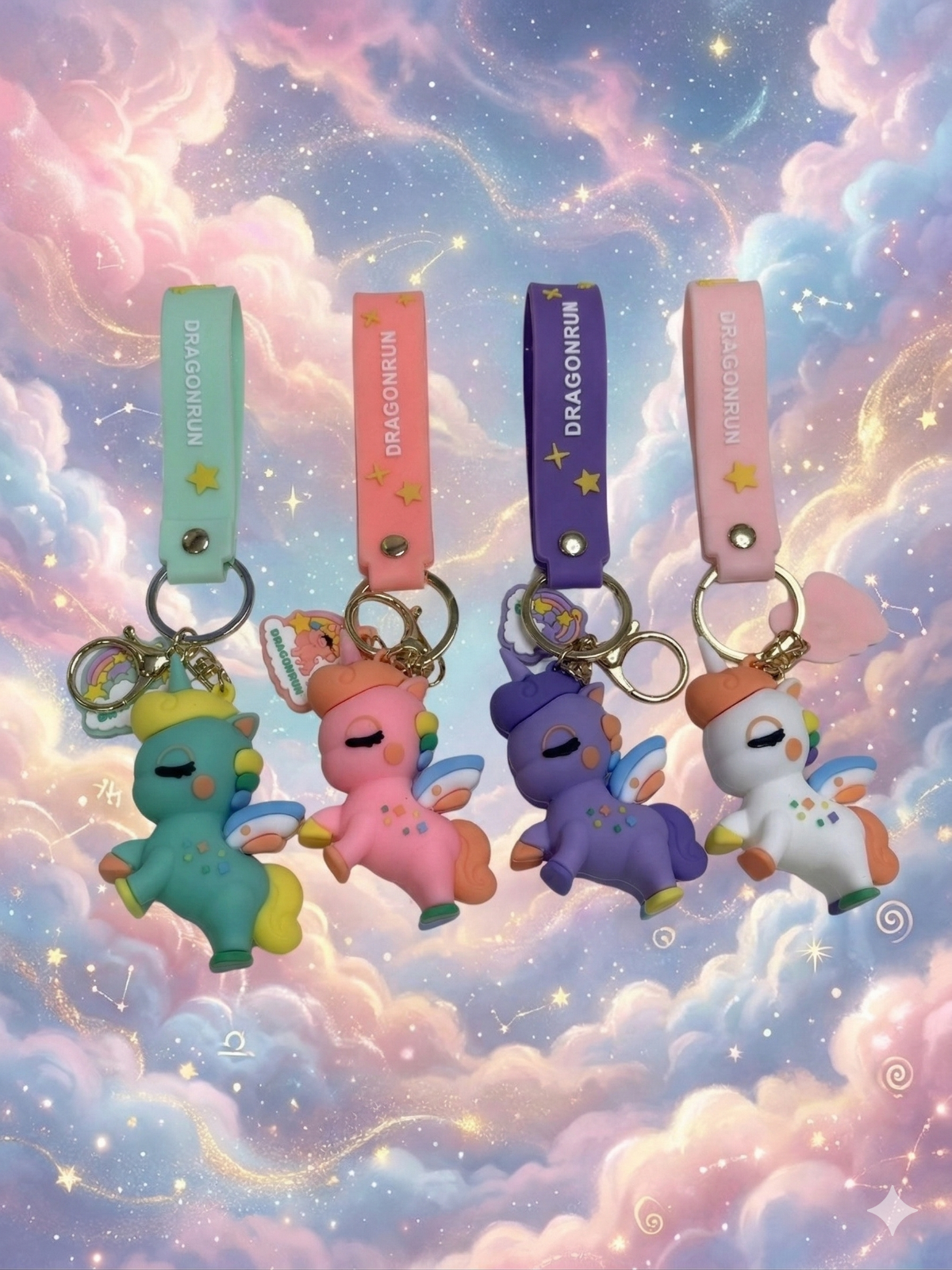 Various design of unicorn-themed keychain with magical cloud background